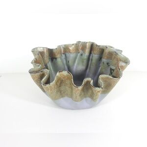 Sculptural Signed Studio Pottery Footed Bowl Organic Ruffled Edge Vintage